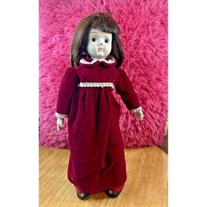 16” Heirloom Treasure Happyland Brunette Pale White Porcelain Doll in Red velvet